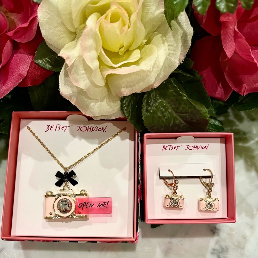 Betsey Johnson Camera Necklace and Earrings.
